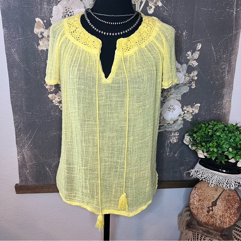 Joie Yellow Crochet Trim Gauze Muslin Style Peasant Boho Blouse Sz S See Details